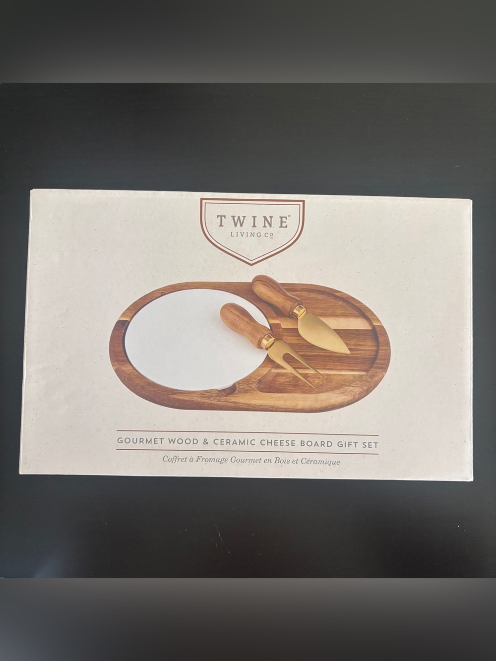 Twine Living Gourmet Wood & Ceramic Cheese Board Set - Brown and White